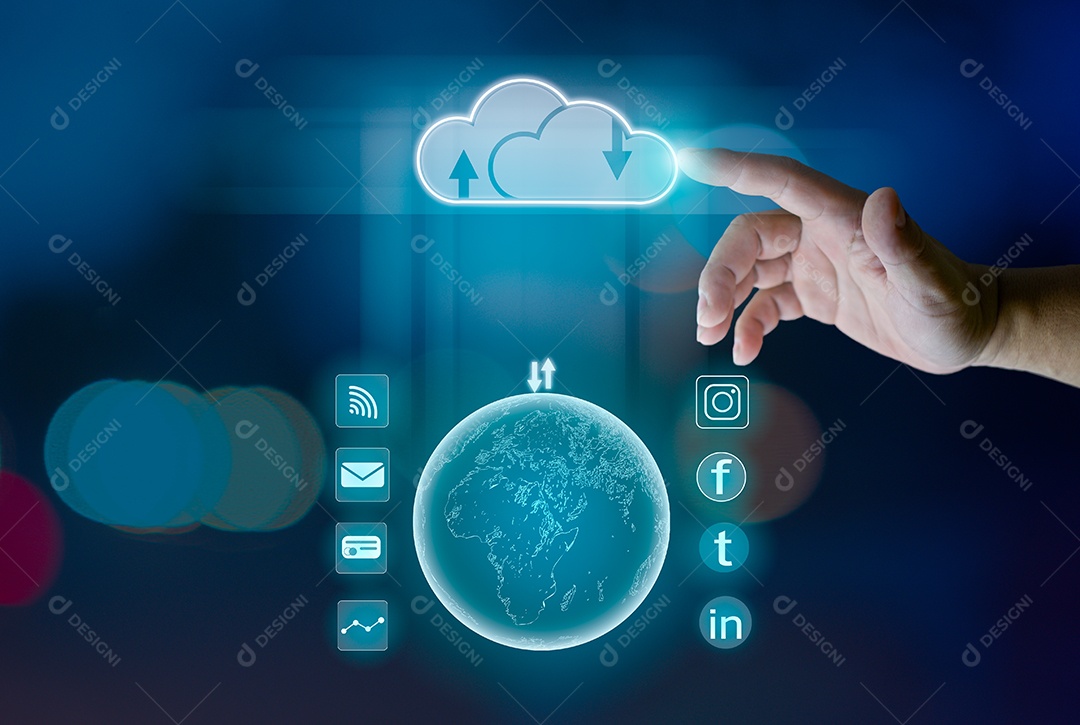 Dedo apontando para a nuvem de holograma representa pesquisa, comunicação.