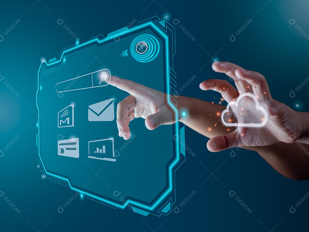 Dedo apontando para a tela do holograma Representa busca, comum.