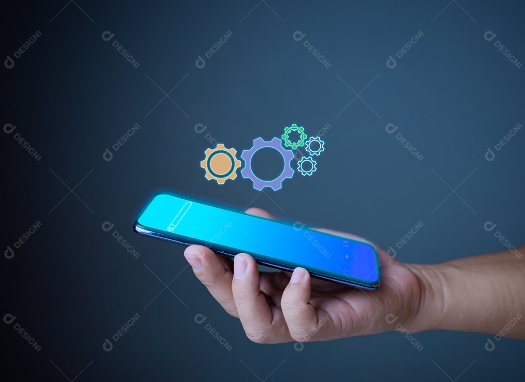 Ícone de engrenagem e telefone propõem uma ideia assistência e suporte técnico.