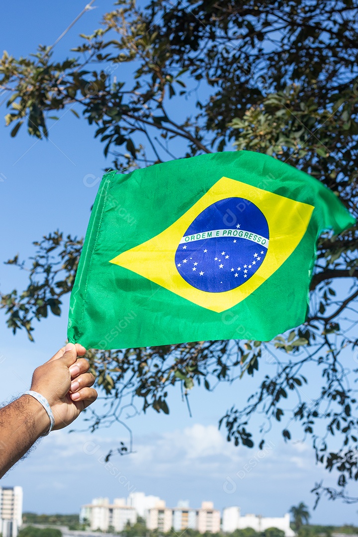 homem segurando uma bandeira brasileira na frente da comunidade