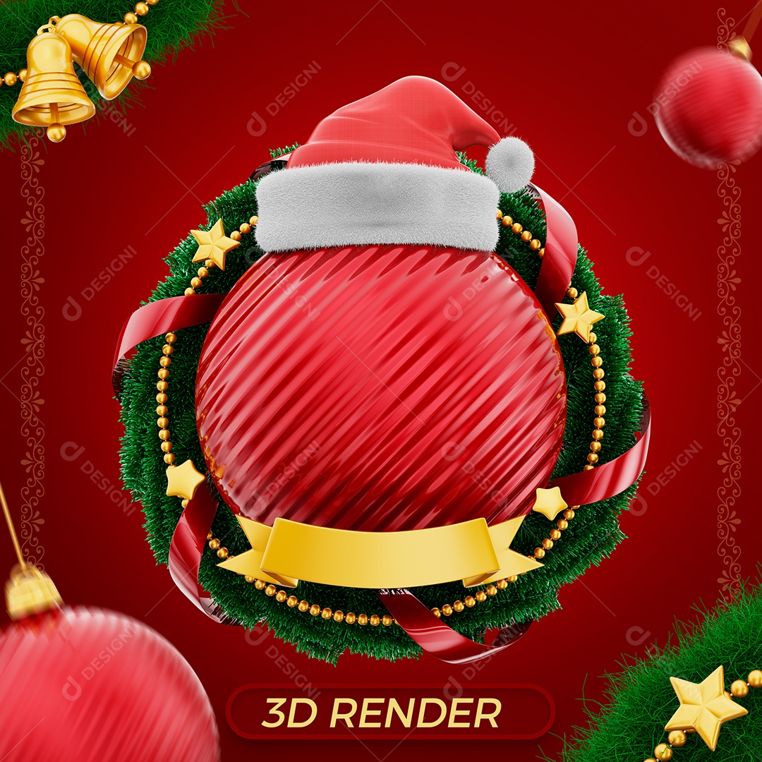 Bola de Natal Vermelha Com Gorro Elemento 3D para Composição PSD