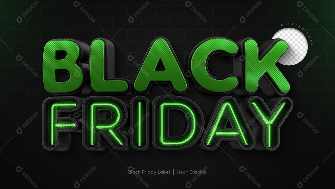 Black Friday Texto 3D Preto e Verde Com Luz Neon Verde para Composição PSD