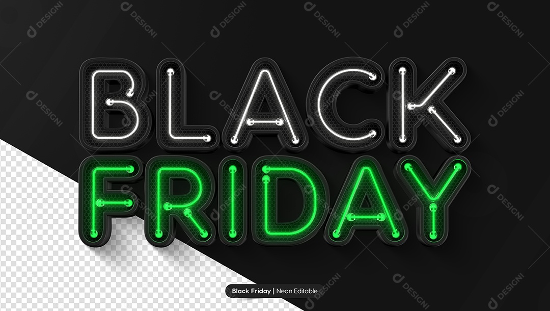 Black Friday Texto 3D Preto Com Luz Branca e Verde Neon para Composição PSD