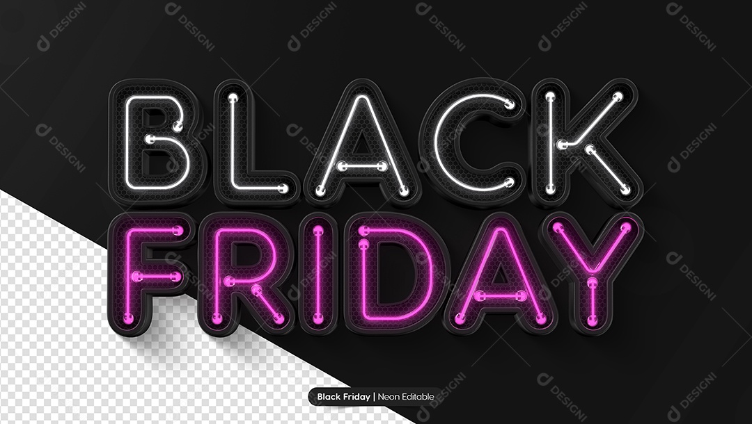 Black Friday Texto 3D Preto Com Luz Neon Branca e Roxa para Composição PSD