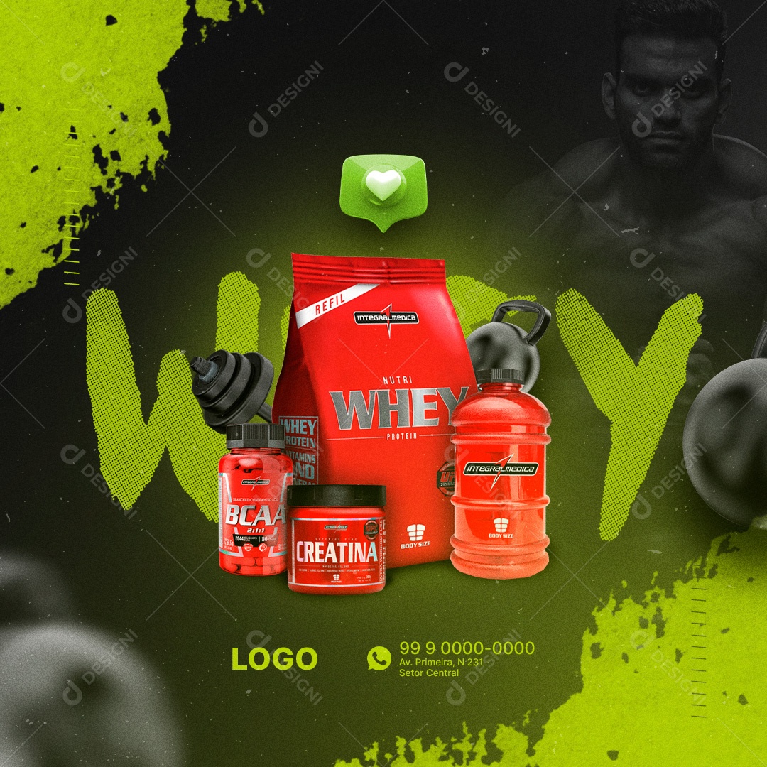 Loja de Suplementos Whey Creatina Bcaa Academia Social Media PSD Editável