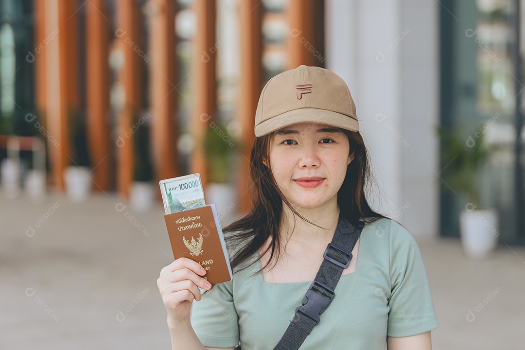 Mulher segurando dinheiro e passaporte