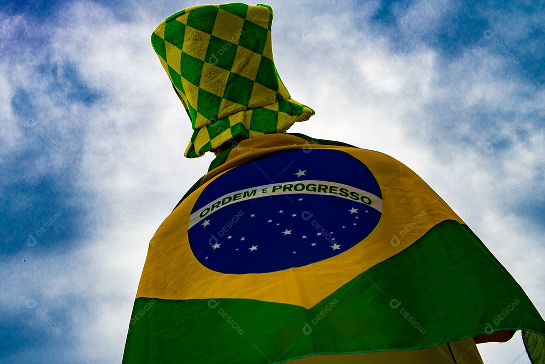 Homem brasileiro torcedor segurando bandeira do brasil Copa do Mundo