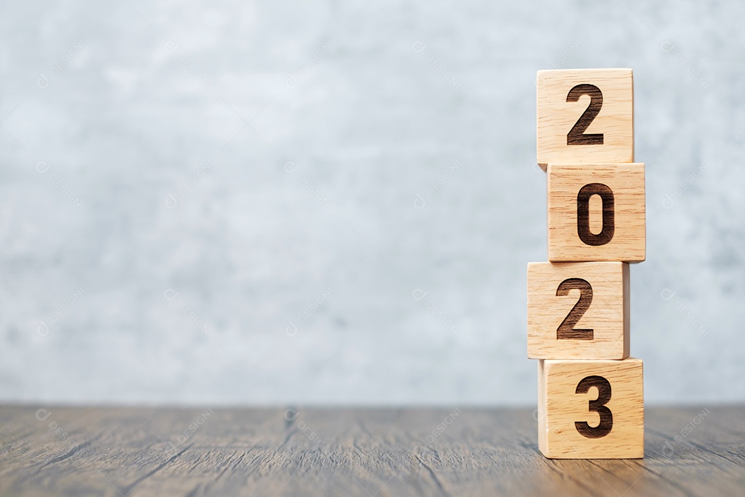 Bloco do ano de 2023 na mesa. meta, resolução, estratégia, plano, equipe