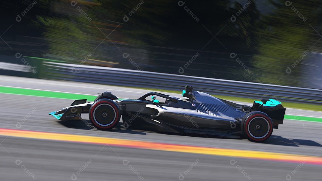 Carro de corrida correndo na ilustração 3D da pista.