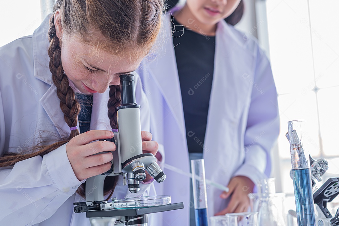Crianças do grupo estudam assuntos científicos e usam o microscópio.