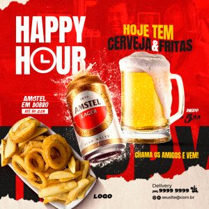 Happy Hour Promoção Amstel Hoje Tem Cerveja e Fritas Social Media PSD Editável