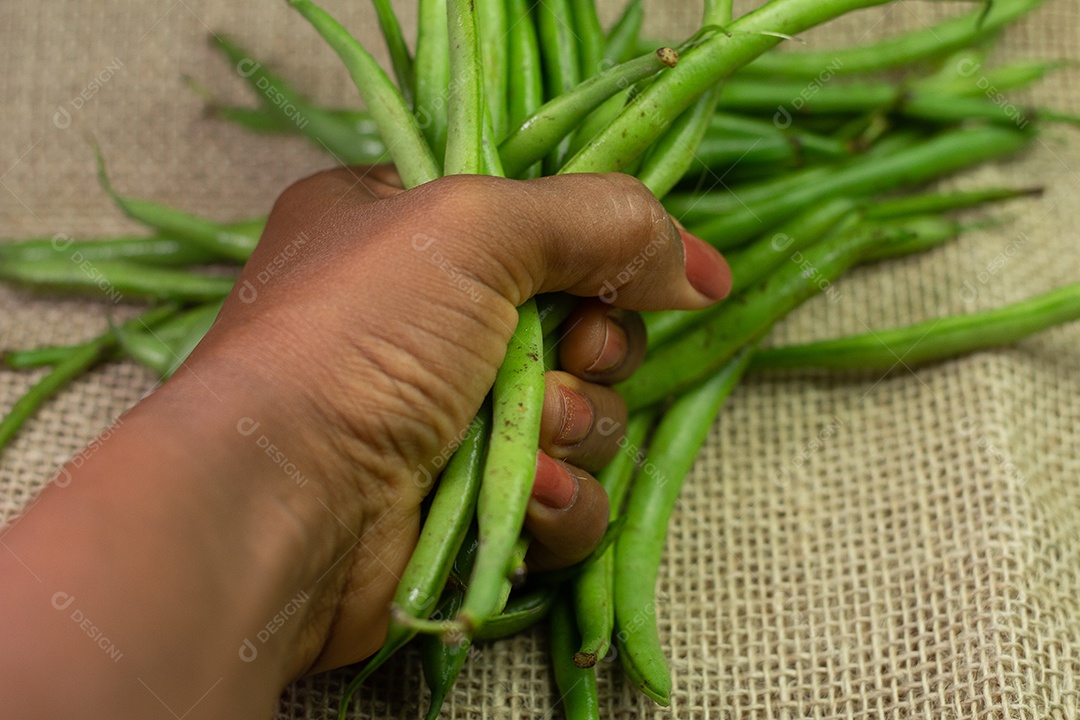 mão segurando uma parte de vagem em uma mesa