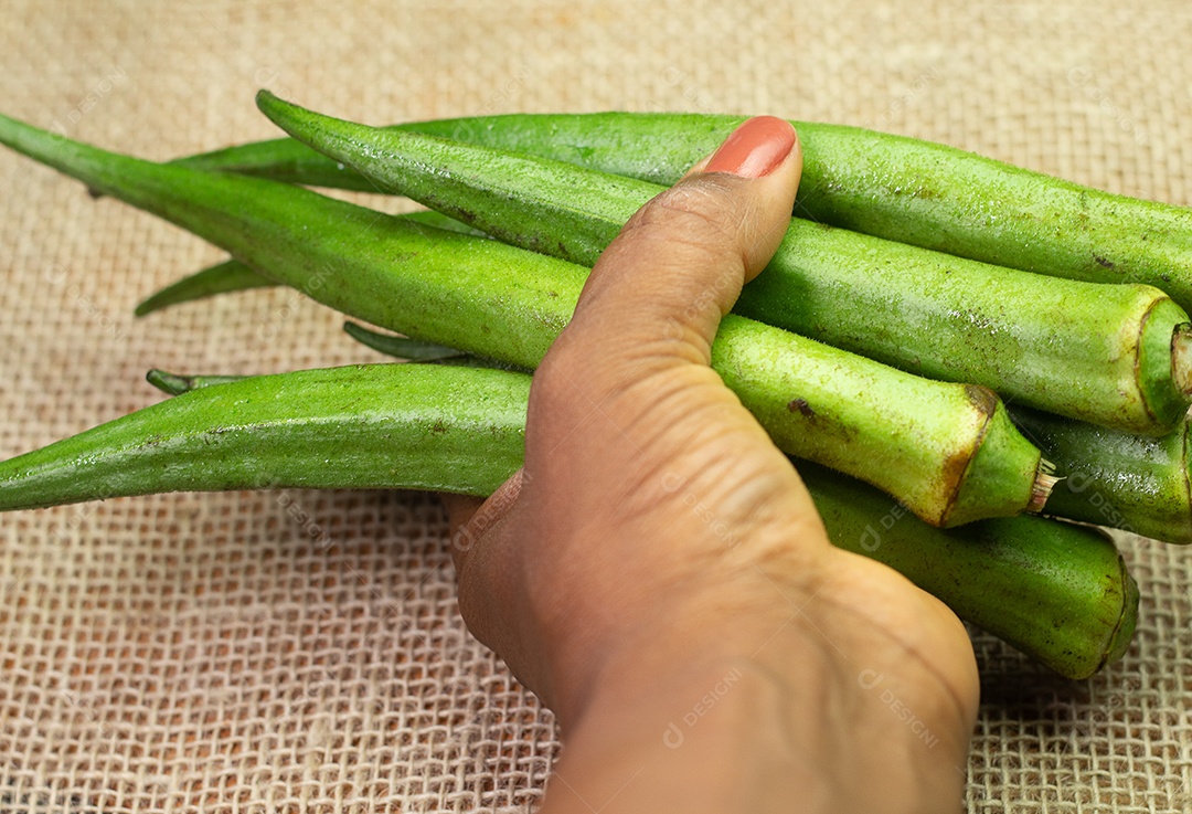 Mão segurando um pedaço de quiabo em uma tigela branca sobre uma mesa