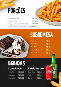 Modelo de Cardápio Bares e Lanchonetes Petiscos Bebidas Porções Sobremesa PSD Editável