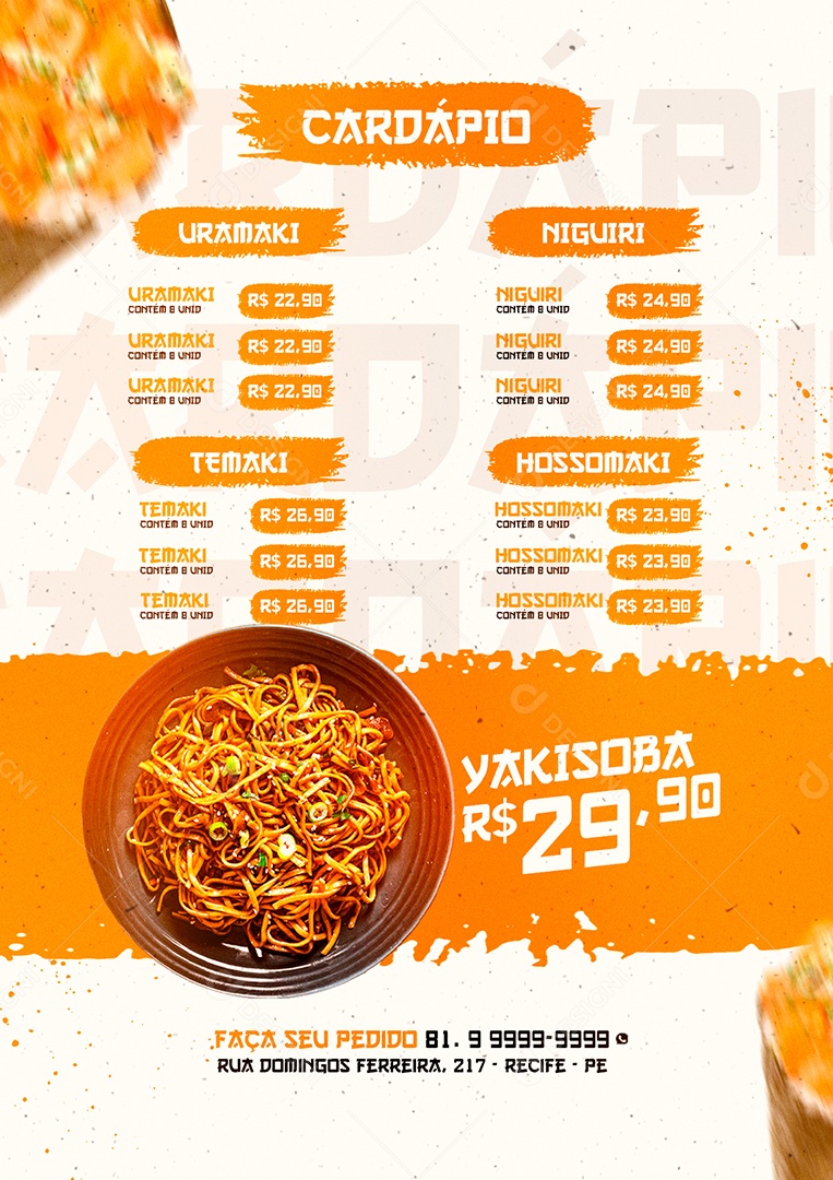 Modelo de Cardápio de Restaurante Japonês Comida Japonesa PSD Editável