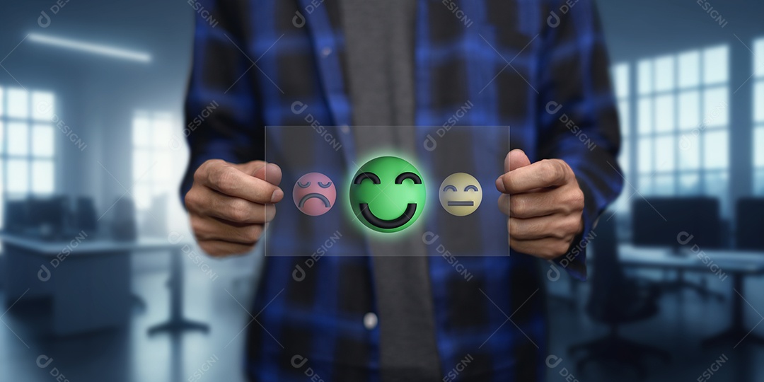 Sorriso feliz, boa classificação de feedback, pense positivo, avaliação do cliente