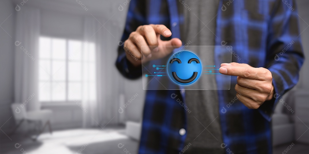 Sorriso feliz, boa classificação de feedback, pense positivo, avaliação do cliente