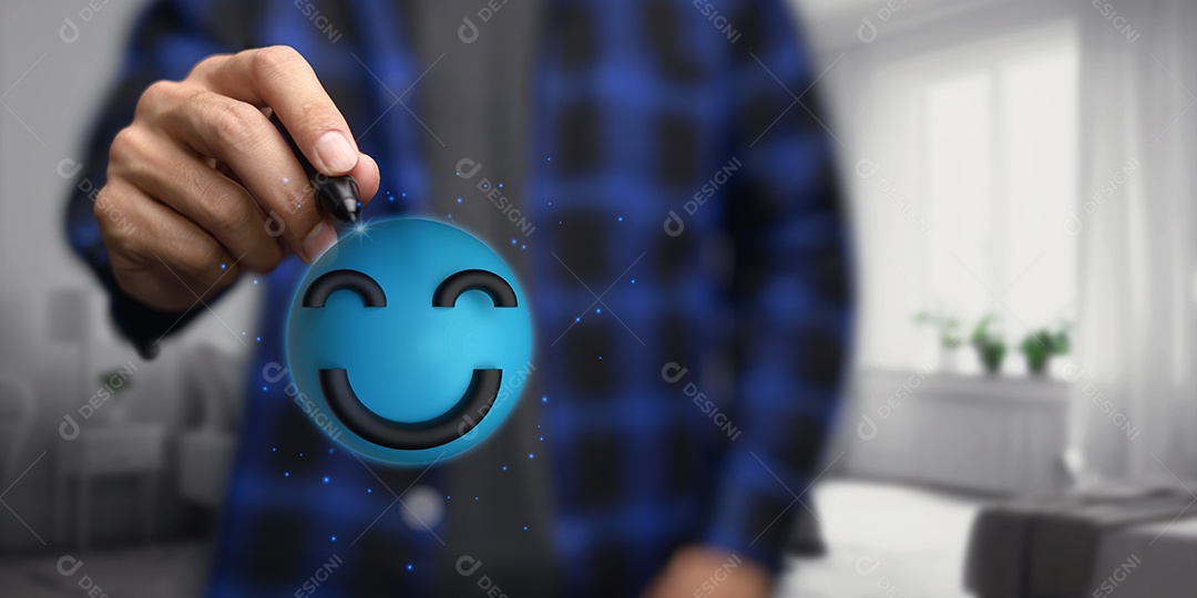 Sorriso feliz, boa classificação de feedback, pense positivo, avaliação do cliente