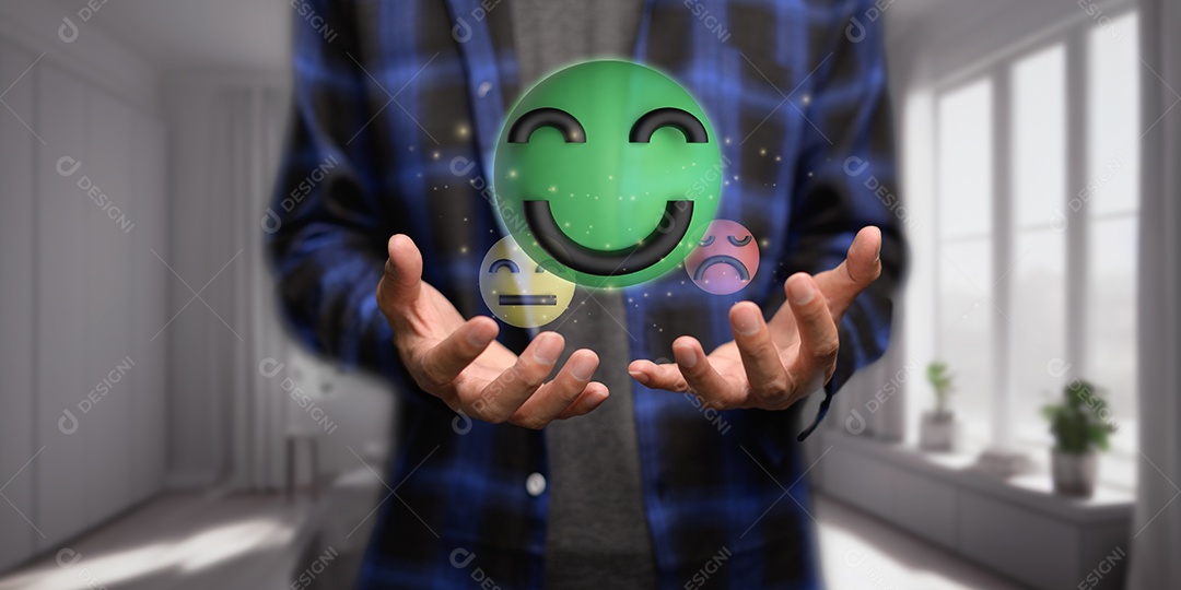 Sorriso feliz, boa classificação de feedback, pense positivo, avaliação do cliente