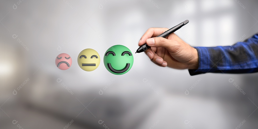 Sorriso feliz, boa classificação de feedback, pense positivo, avaliação do cliente