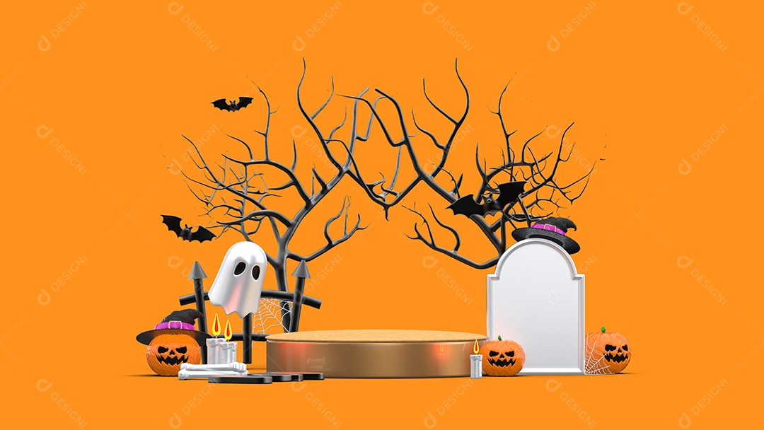 Cenário de Halloween Podium Fantasmas e Morcegos Imagem JPG