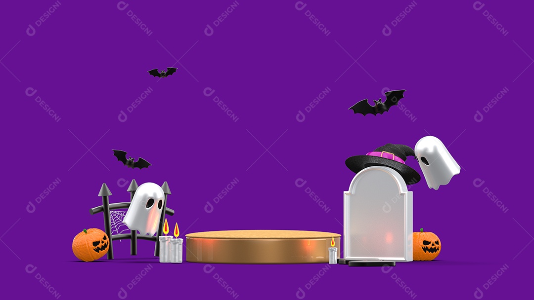 Cenário de Halloween Fantasmas e Morcegos Em Fundo Roxo Imagem JPG