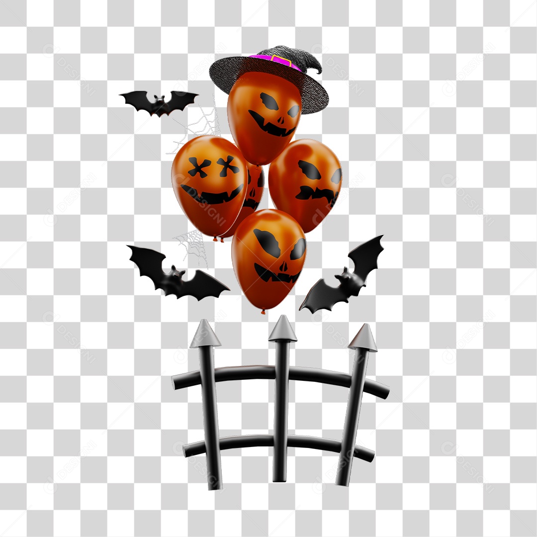 Balões e Morcegos de Halloween 3D Para Composição PNG Transparente