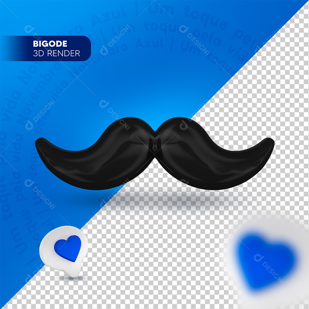 Bigode Preto 3D Elemento de Novembro Azul para Composição PSD