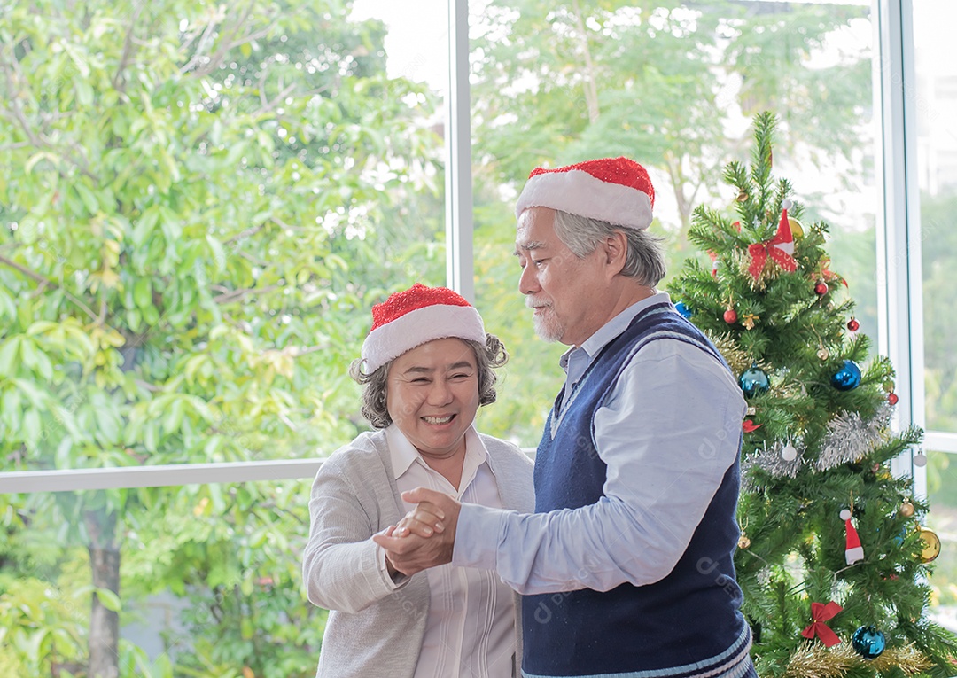 Casal senhor, marido e mulher usando chapéus de natal e dançando, árvore de fundo.