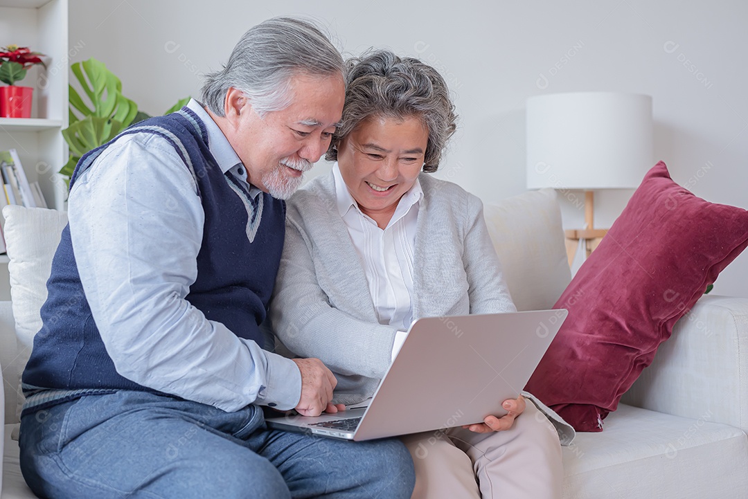 Marido e mulher sênior sentam no sofá olham para o notebook do computador