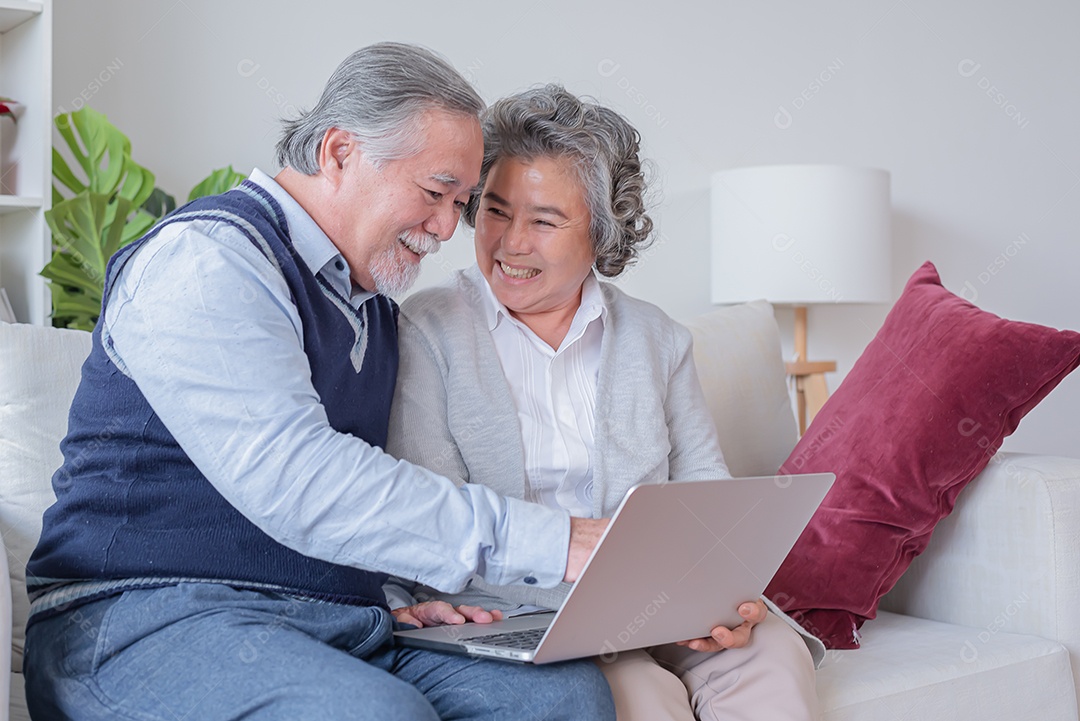 Marido e mulher sênior sentam no sofá olham para o notebook do computador