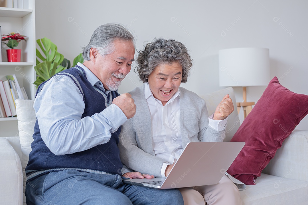 Marido e mulher sênior sentam no sofá olham para o notebook do computador