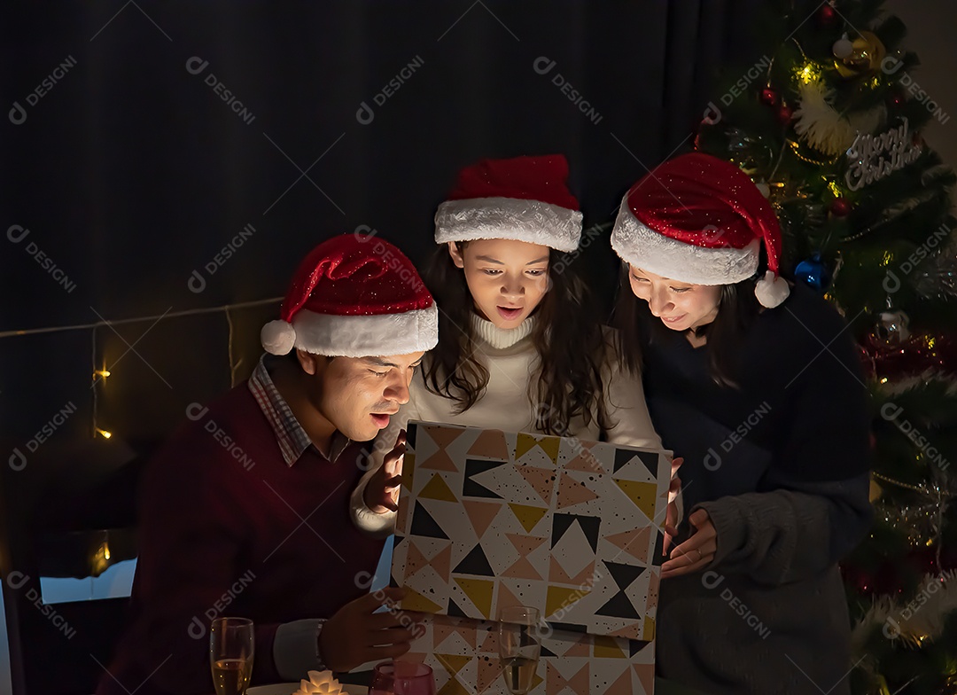 Surpresa, pais e filhas abrem uma caixa de presente no dia de Natal