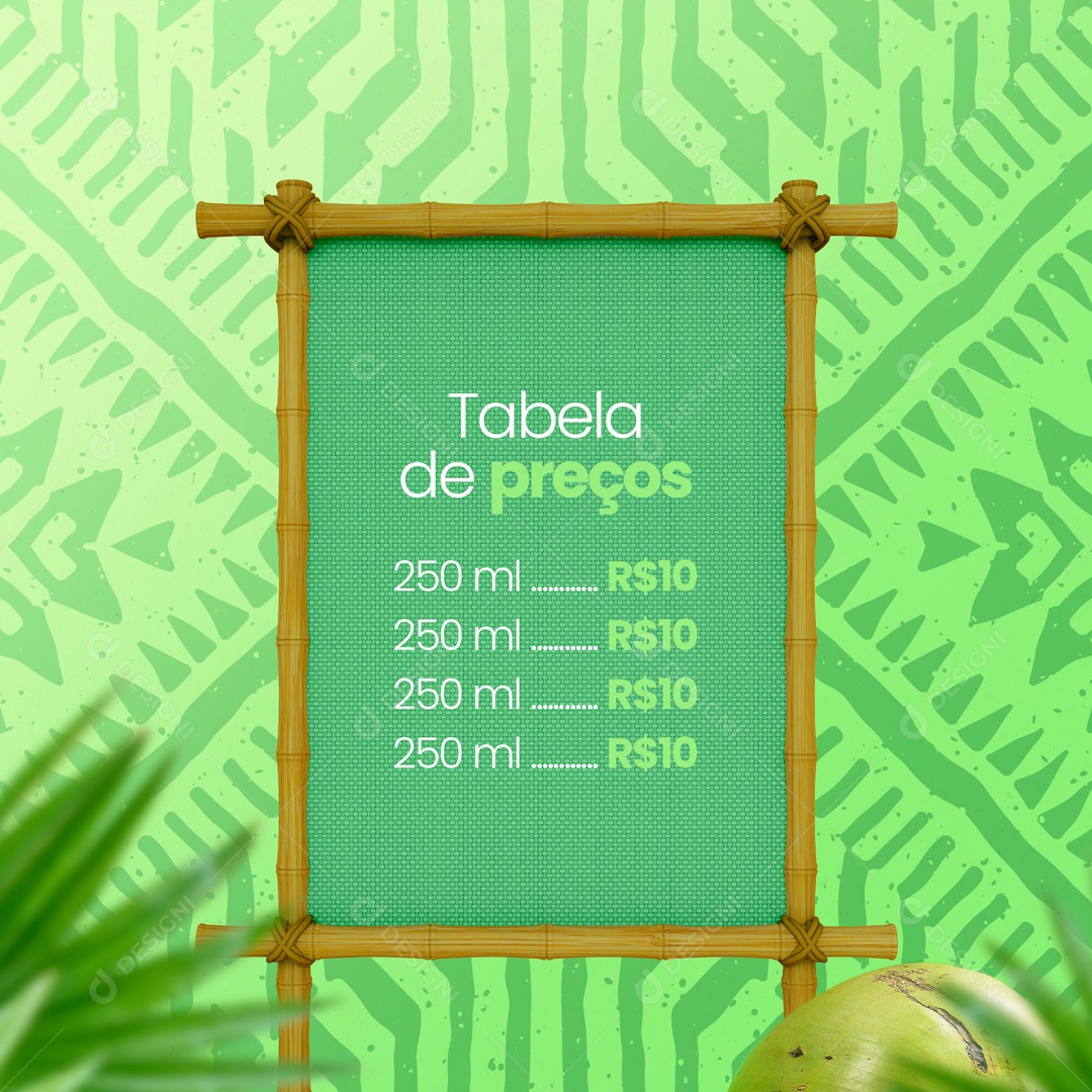 Social Media Água de Coco Tabela de Preços PSD Editável