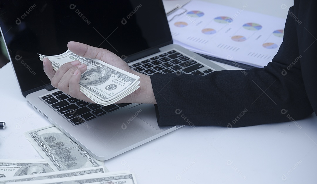 Mulher ganham dinheiro com negócios online e trabalham em casa com laptop e internet