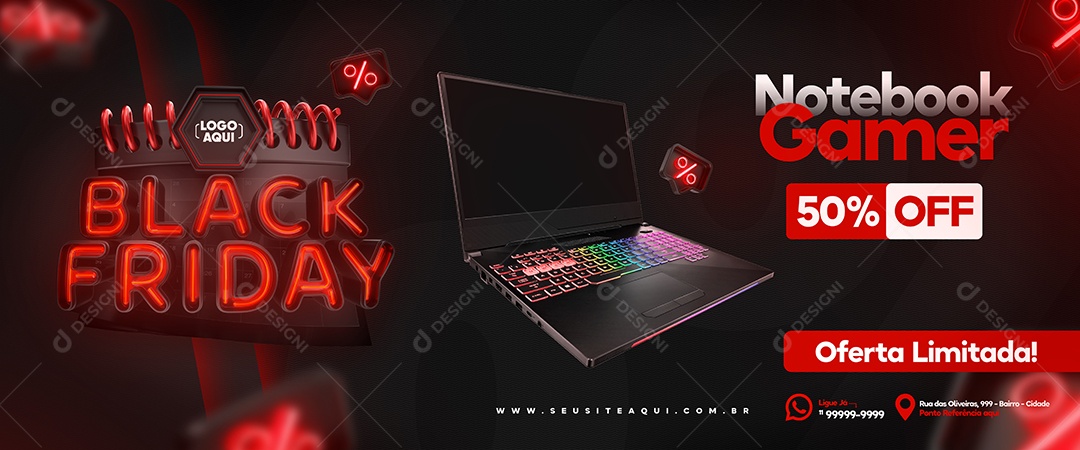 Banner Notebook Gamer 50% Off Black Friday Social Media PSD Editável