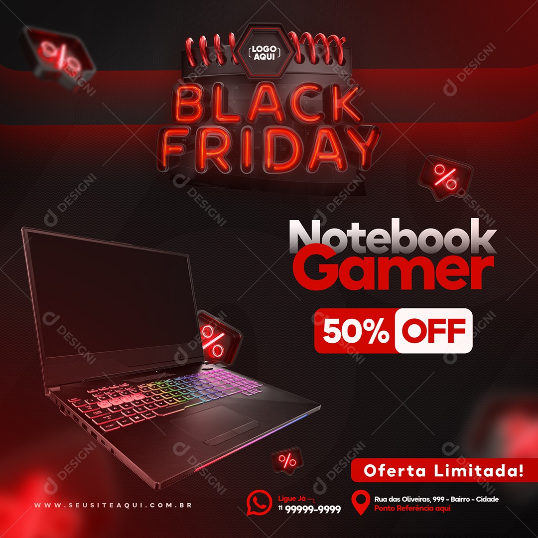Notebook Gamer 50% Off Black Friday Social Media PSD Editável