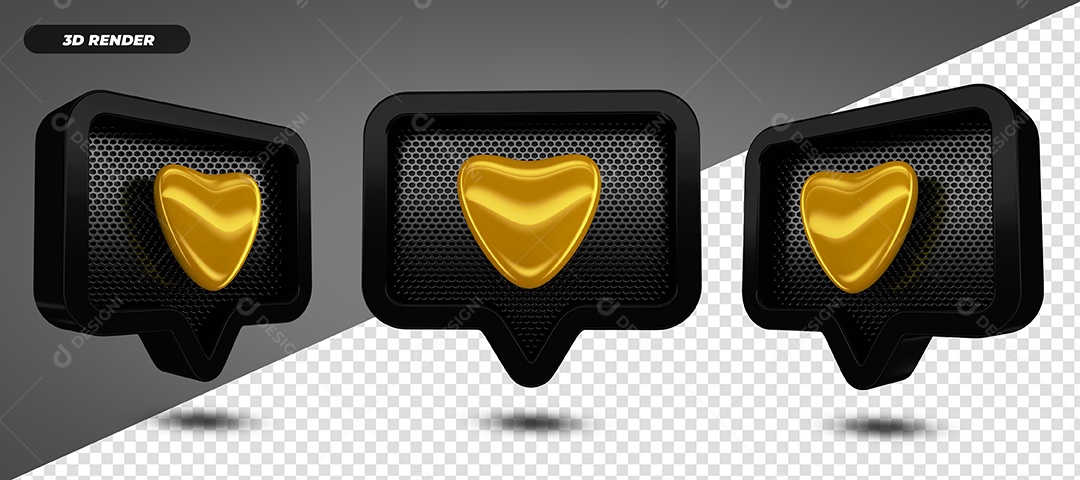 Elemento 3D Para Composição Ícones Preto e Dourado Coração PSD
