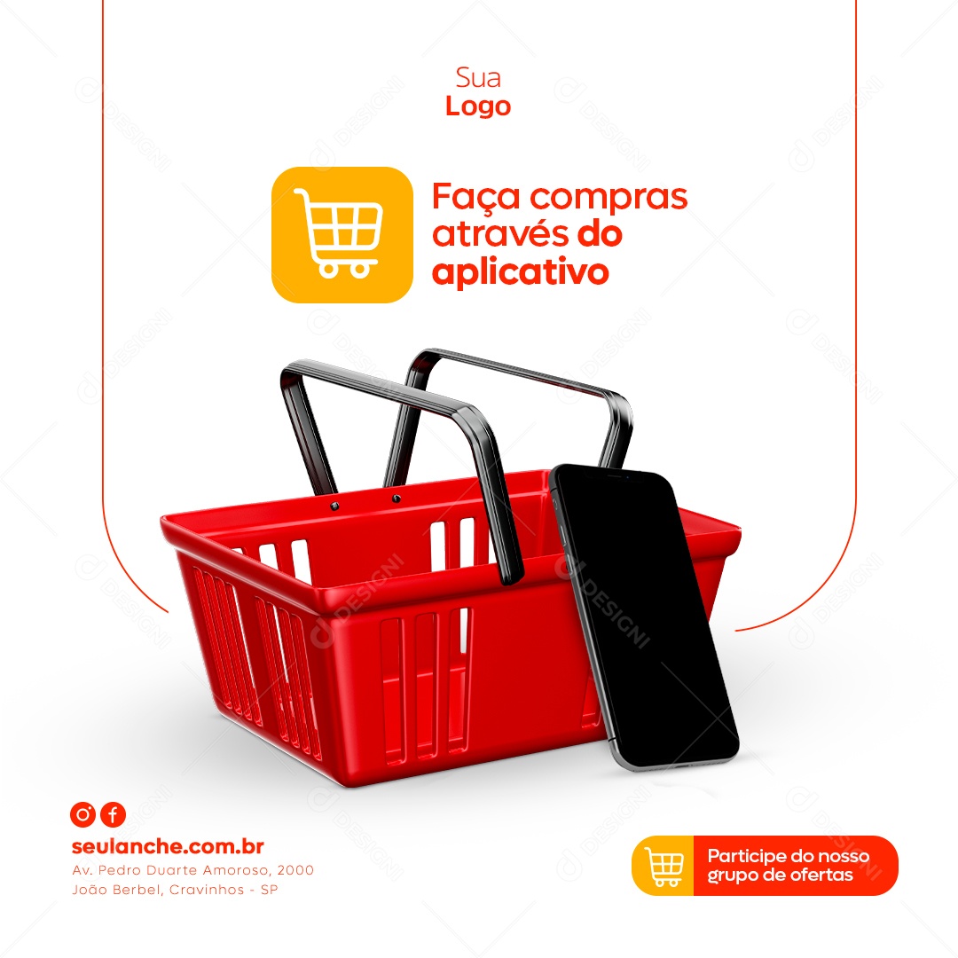 Faça Compras Através do Aplicativo Supermercado Social Media PSD Editável