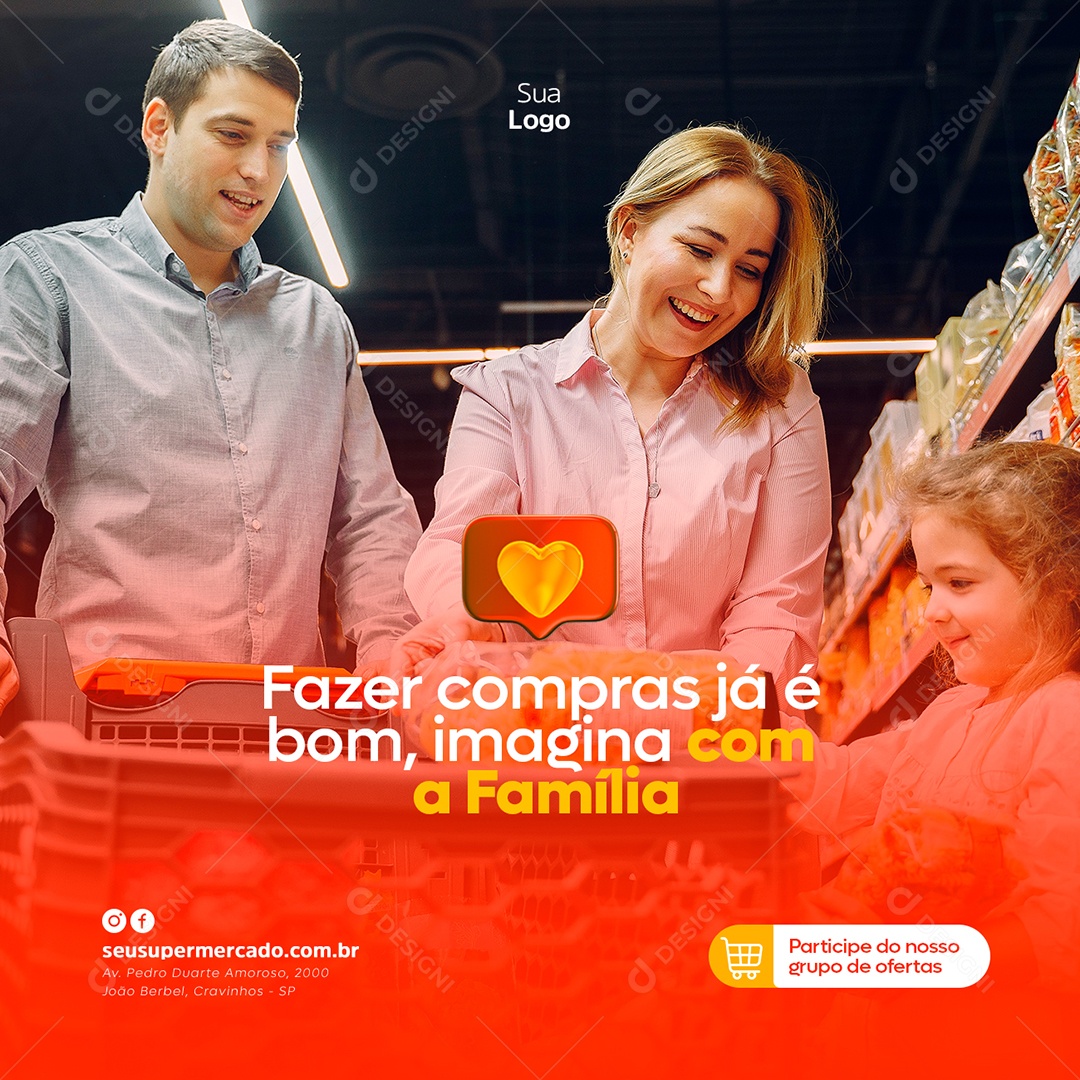 Social Media Fazer Compras Já é Bom Imagina Com a Família Supermercado PSD Editável