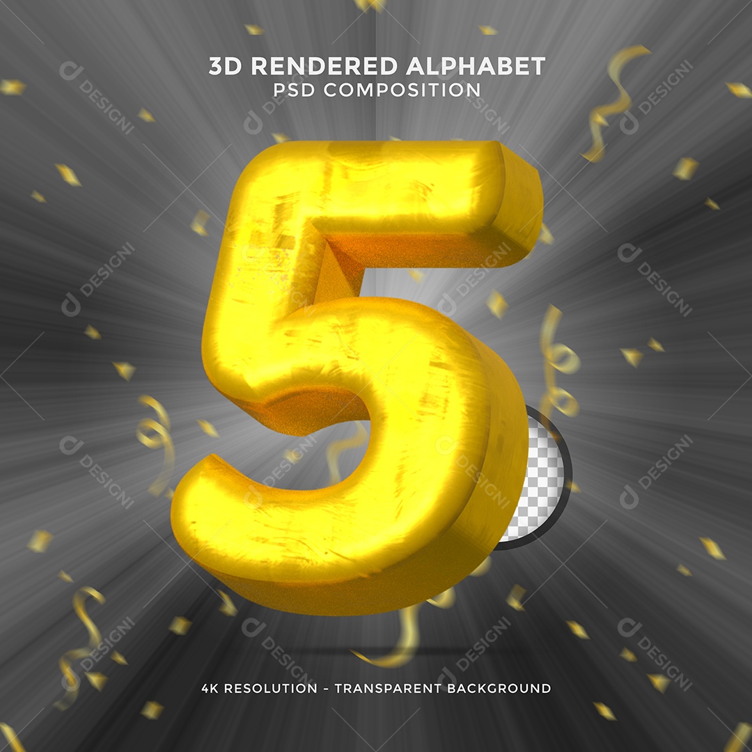 Número 5 Dourado 3D Elemento Para composição PSD