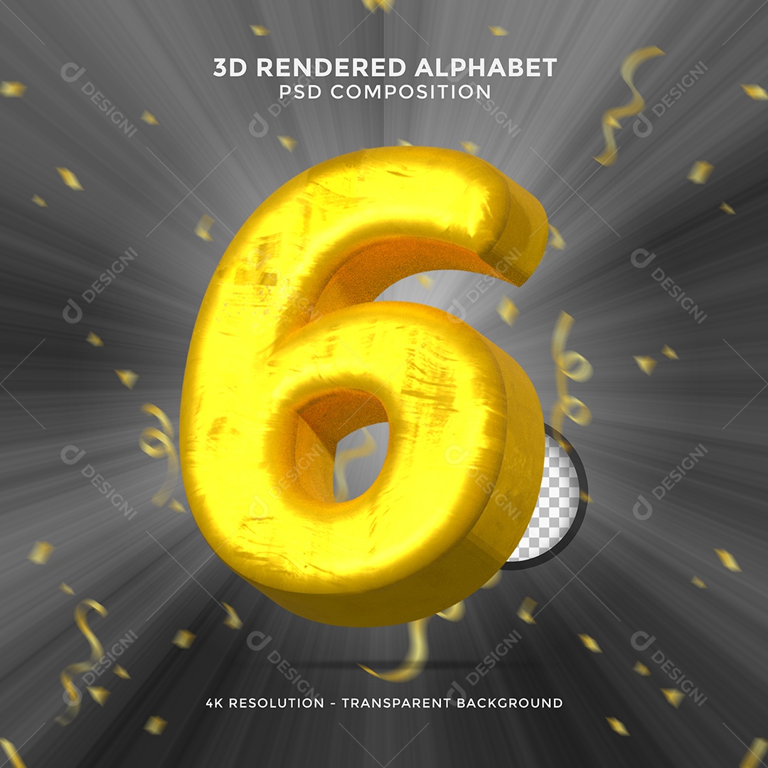 Número 6 Dourado 3D Elemento Para composição PSD