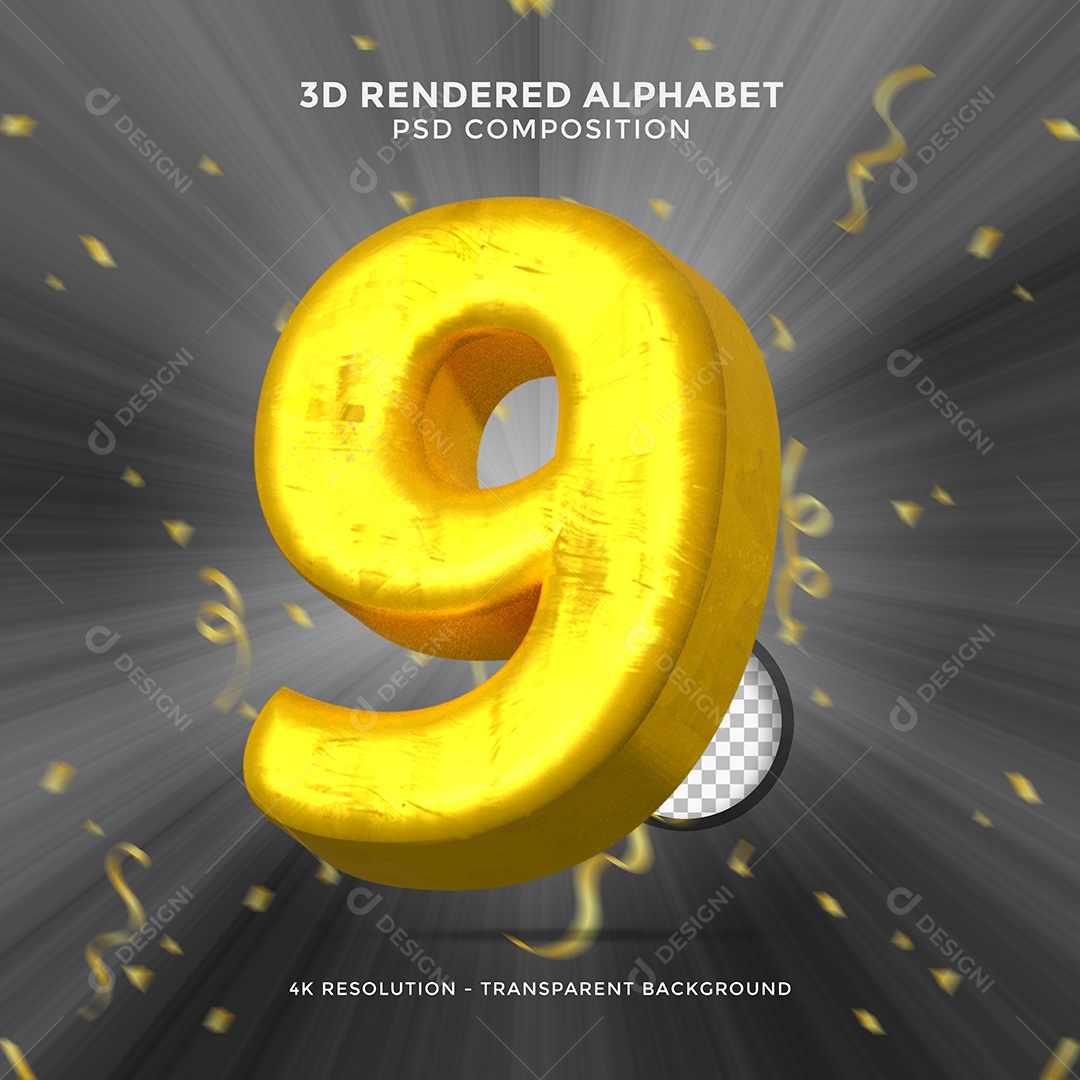 Número 9 Dourado 3D Elemento Para composição PSD