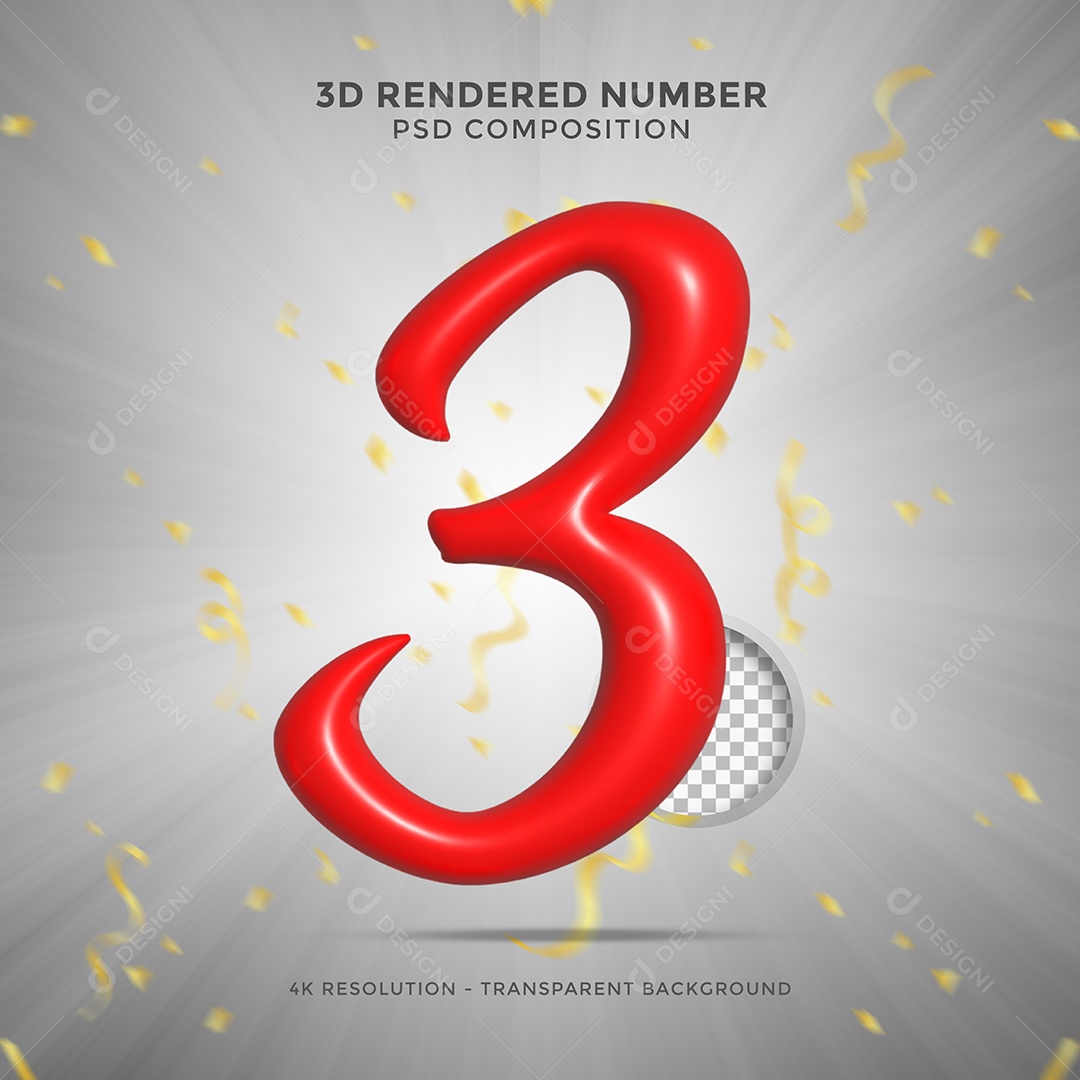 Número 3 Vermelho 3D Elemento Para composição PSD