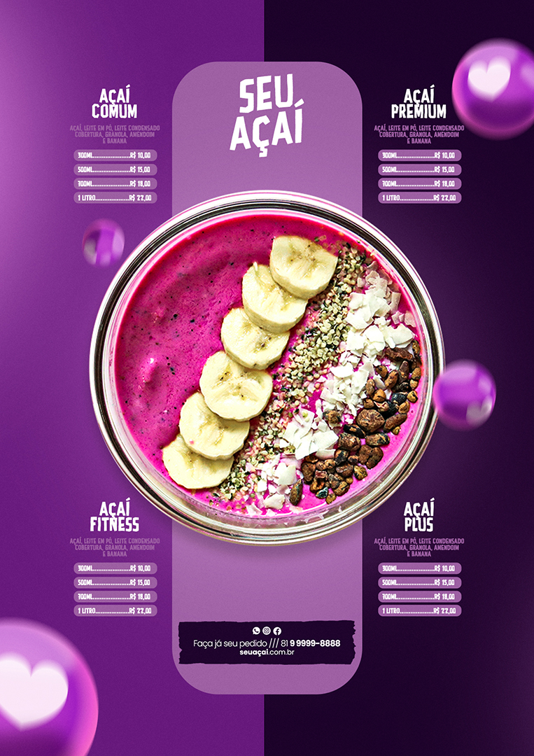 Modelo de Cardápio para Açaiterias Açai Sorveterias PSD Editável