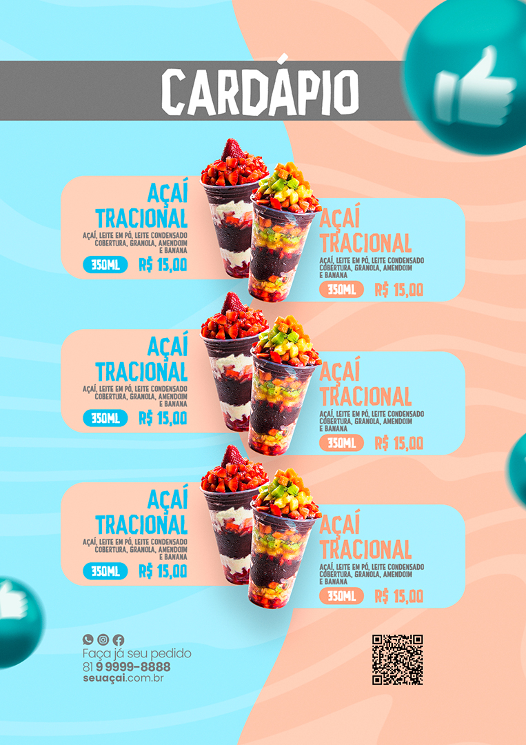 Modelo de Cardápio para Açaiterias Açaí Sorveterias PSD Editável