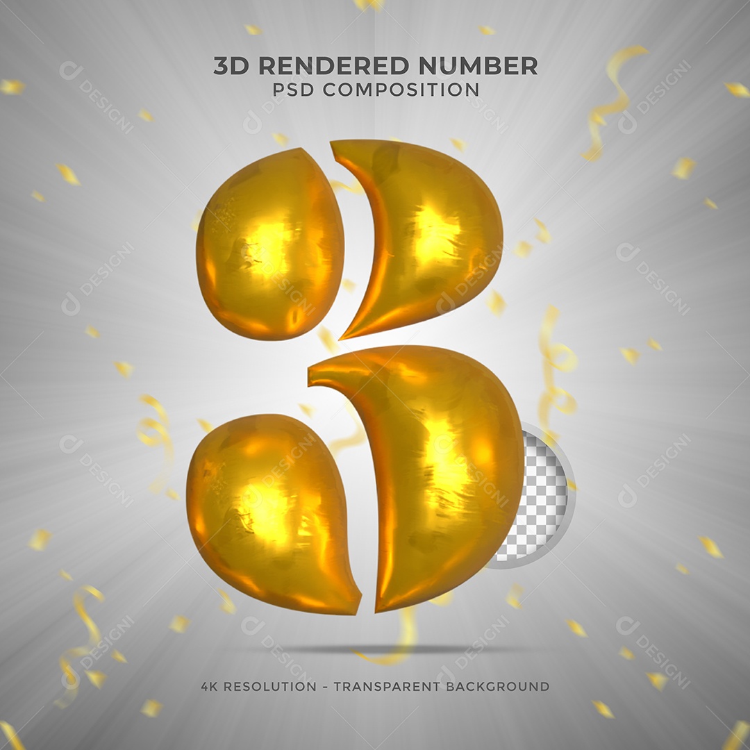 Número 3 Dourado Elemento 3D Para composição PSD