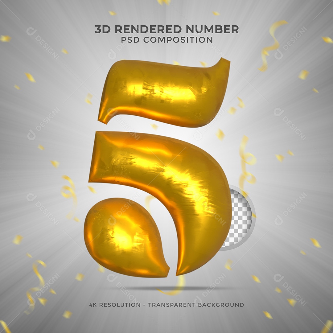 Número 5 Dourado Elemento 3D Para composição PSD