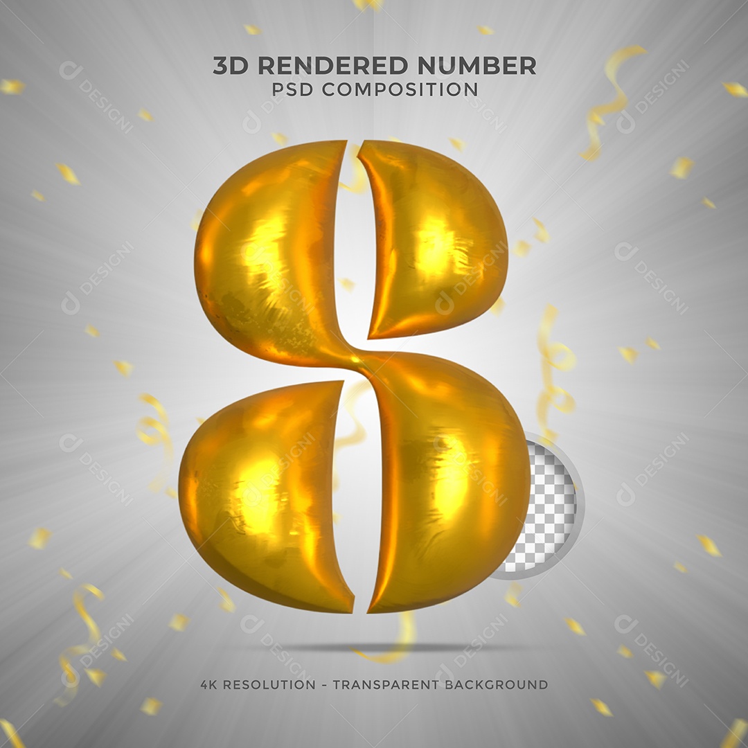 Número 8 Dourado Elemento 3D Para composição PSD