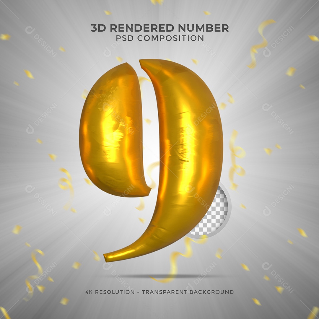 Número 9 Dourado Elemento 3D Para composição PSD